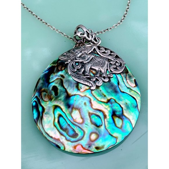 Vintage Abalone Shell Pendant 925 Silver With Elephant BOHO - Picture 4 of 9